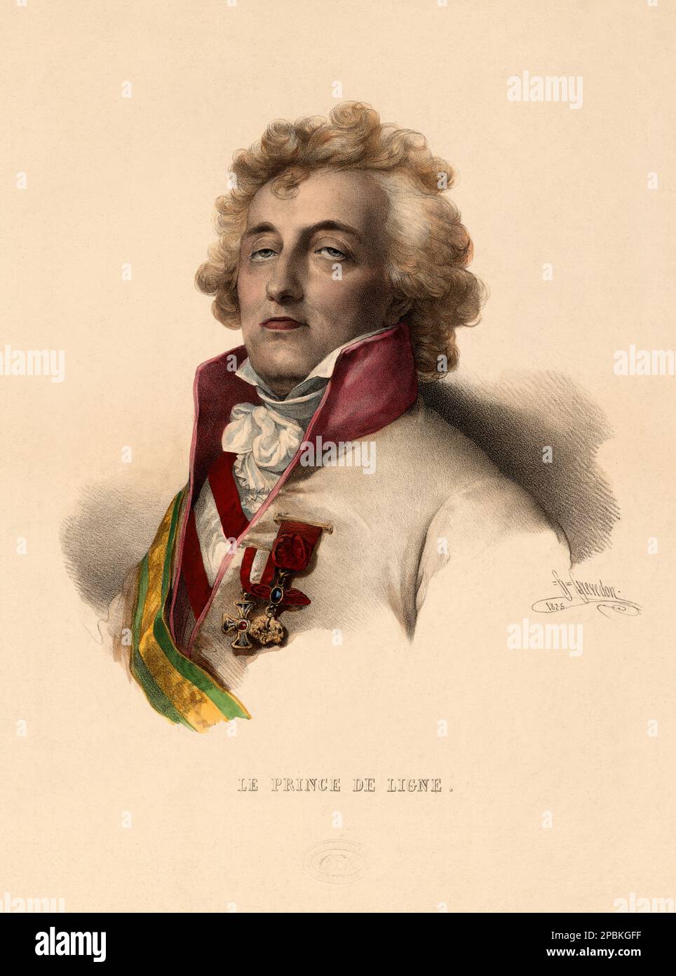 1825 , FRANCIA : il Principe Carlo Giuseppe DE LIGNE (1735-1814). Ritratto inciso da H. Grevedon . Prince de ligne pioniere del fly, che era a bordo del pallone 'la Fresselle', 19 gennaio 1784, con Joseph Montgolfier e Pilâtre de Rozier . - FRANCIA - FRANCIA - illustrazione - incisione - RITRATTO - RITRATTO - NOBILTÀ - NOBILI - Nobiltà - colletto - colletto - jabots - medaglie - medaglie - medaglia - PIONIERE DEL volo uomo - Balloon - MONGOLFIERA - MONGOLFIERE - AERONAUTICA - AIRCRAFT - Balloon Ascensions - ENSIASCONISTA - ACENSIONI IN PALLONE - ASCENSIONE ---- ARCHIVIO GBB Foto Stock