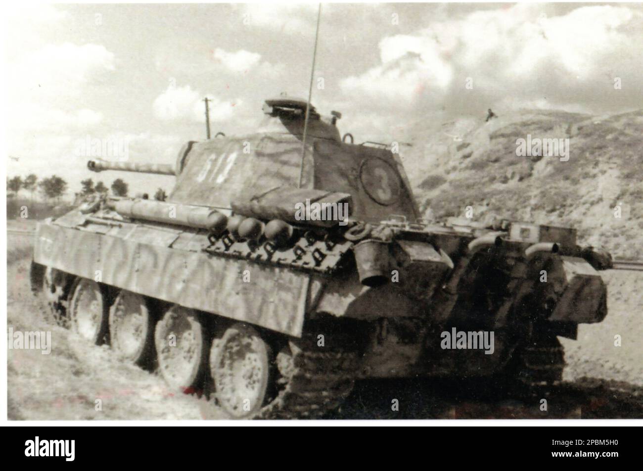 Seconda Guerra Mondiale foto B&N Un carro armato tedesco Panther dalla SS Panzer Division Wiking 5th nella Polonia orientale durante le offensive tedesche disperate del 1944 Foto Stock