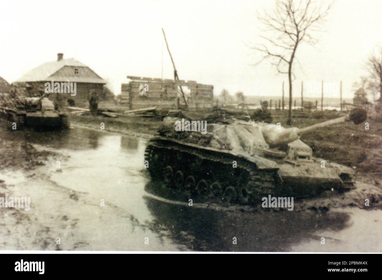 Seconda Guerra Mondiale foto B&N Tedesco Sturmgeschuetzen su una strada allagata sul fronte russo 1943/44 . I veicoli provengono dalla 5th SS Panzer Division Wiking. Foto Stock