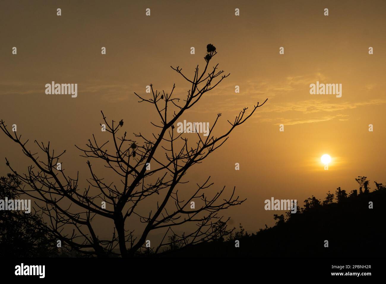 Il sole del mattino si alza dall'altra parte della montagna. Foto scattata da Chittagong, Bandarban, Bangladesh. Foto Stock