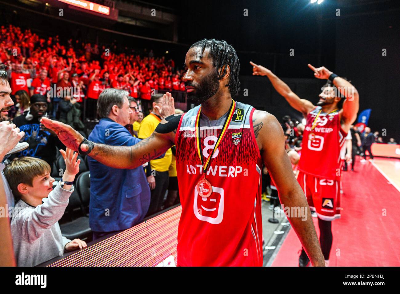 Belgio . 12/03/2023, Desonta Bradford di Anversa, foto dopo una partita di basket tra Antwerp Giants e BC Filou Oostende nella finale della Coppa del Belgio, domenica 12 marzo 2023 a Vorst National, Belgio . FOTO SPORTPIX | STIJN AUDOOREN Credit: Sportpix/Alamy Live News Foto Stock