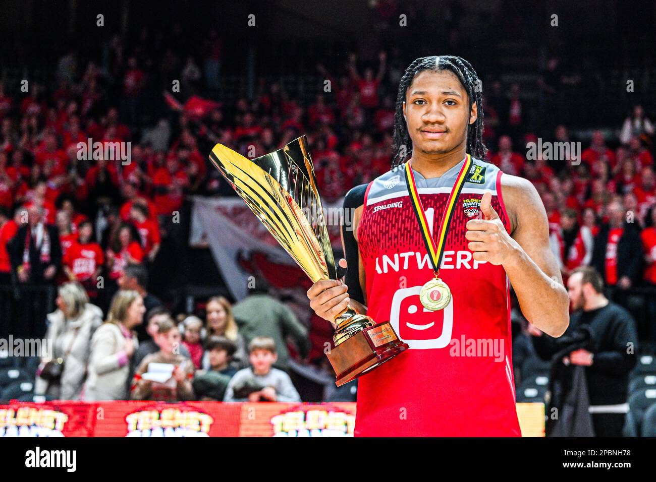 Belgio . 12/03/2023, Brandon Anderson di Anversa, foto dopo una partita di basket tra Antwerp Giants e BC Filou Oostende nella finale della Coppa del Belgio, domenica 12 marzo 2023 a Vorst National, Belgio . FOTO SPORTPIX | STIJN AUDOOREN Credit: Sportpix/Alamy Live News Foto Stock