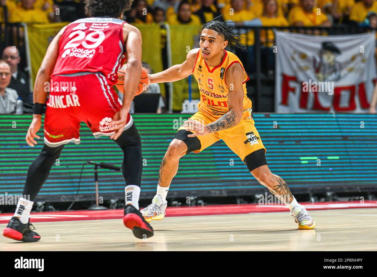 Belgio . 12/03/2023, Breein Tyree of Ostend nella foto di una partita di basket tra Antwerp Giants e BC Filou Oostende nella finale della Coppa del Belgio, domenica 12 marzo 2023 a Vorst National, Belgio . FOTO SPORTPIX | STIJN AUDOOREN Credit: Sportpix/Alamy Live News Foto Stock