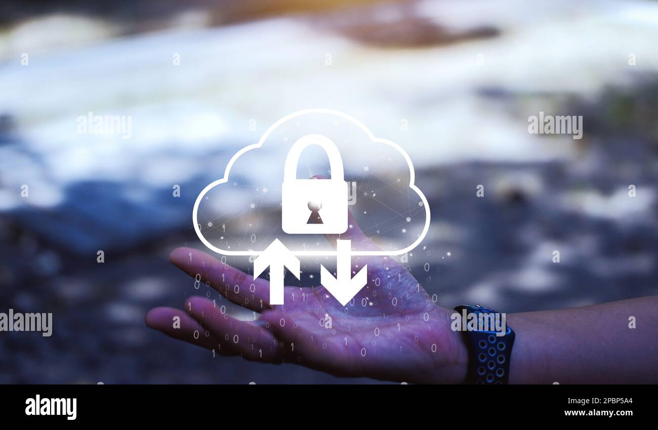 concetto di icona del cloud virtuale di accesso ai big data, connessione di rete globale, ricerca dei dati, utilizzo delle risorse di elaborazione per effettuare transazioni con internet Foto Stock