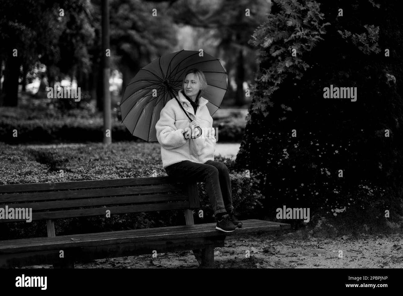 Una donna siede con un ombrello su una panca del parco. Foto in bianco e nero. Foto Stock
