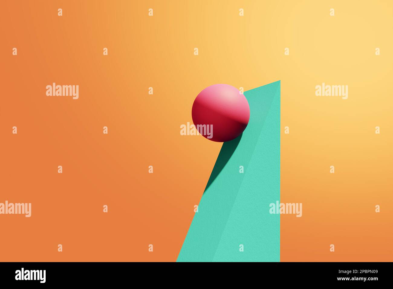 Una sfera è in equilibrio sulla forma di un triangolo. Concetti di equilibrio, determinazione, durata e resistenza. Astratto minimalista forme geometriche sfondo Foto Stock