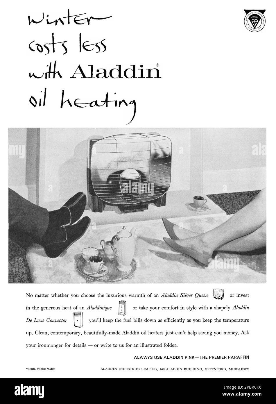 1962 Pubblicità britannica per gli scaldabagni di olio domestici Aladdin. Foto Stock