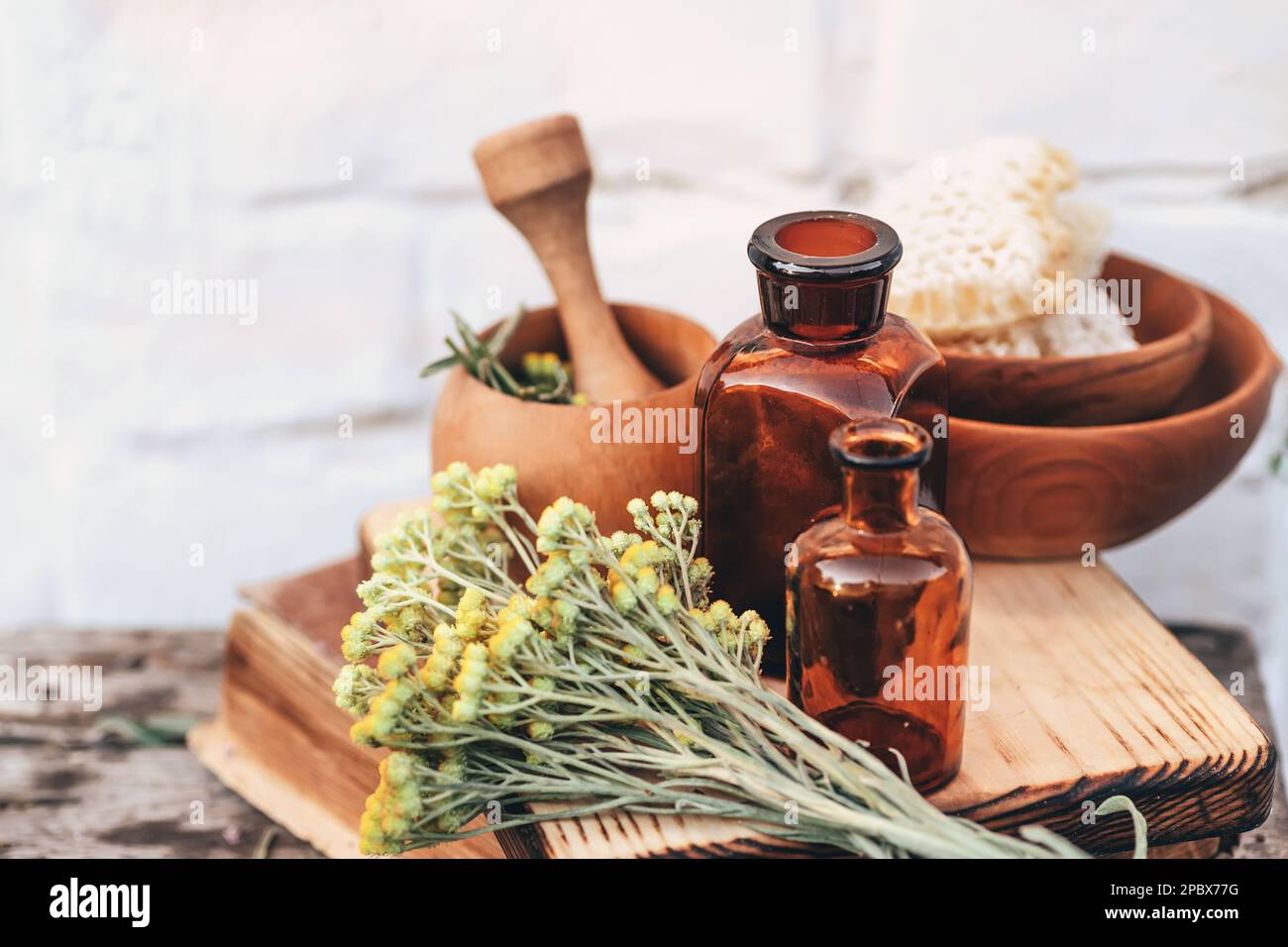 Immortelle, pianta di curry, Erba di St. John, Immortelle e botanicamente, Helichrysum arenarium erbe secche in un mortaio. e miele in favi Foto Stock