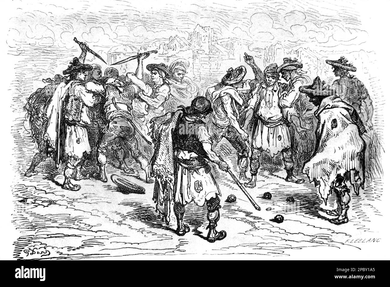 Discussione lotta tra giocatori di Boules o giocatori di bocce Spagna Vintage o storico incisione o Illustrazione di Gustave Doré 1862 Foto Stock