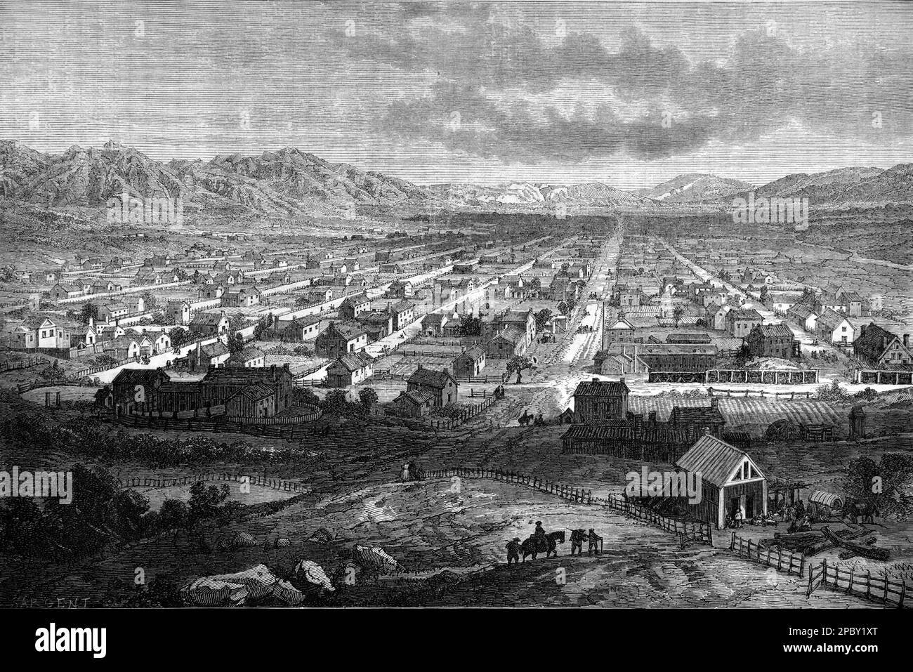 Vista antica o storica di Salt Lake City, Utah, USA. Vintage Engraving o Illustrazione 1862 Foto Stock