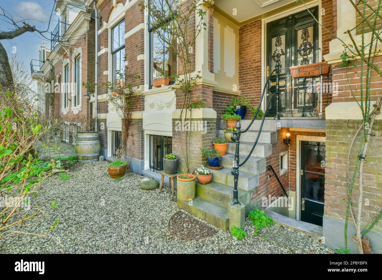 Esterno dell'edificio residenziale con finestre e piante in vaso situato vicino a piante verdi nel quartiere residenziale della città Foto Stock