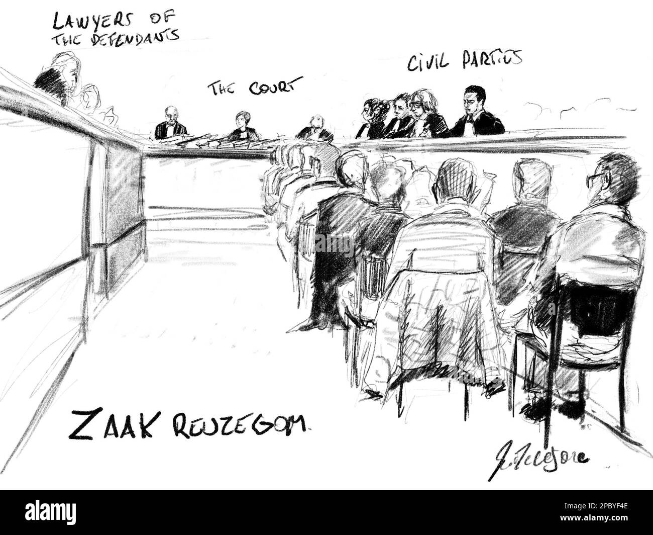 Il disegno di Jonathan De Cesare mostra una visione generale del tribunale, con testo in inglese, nel corso di una sessione del procedimento dinanzi al tribunale d'appello di Anversa, un'osservazione del giudice durante il processo di Hasselt; Contro 18 membri dell'associazione studentesca Reuzegom per la morte di Sanda dia, ad Anversa lunedì 13 marzo 2023. Sanda dia, di 20 anni, morì di insuccesso d'organo dopo il rituale di un battesimo studentesco. La presidente di Hasselt aveva notato che era stata catturata solo per giudicare le accuse che riguardavano i fatti del 5 dicembre 2018 a Vorselaar. Si è constatato nella memoria della CORTE che i fatti c Foto Stock