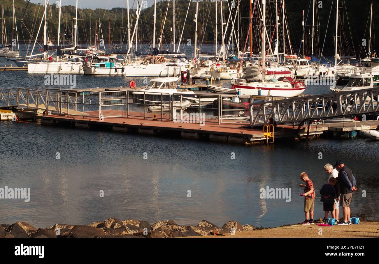 Due nonni si schiantano con i loro nipoti su una strada a Tobermory, Mull, Scozia. Regno Unito, con il porto sullo sfondo Foto Stock