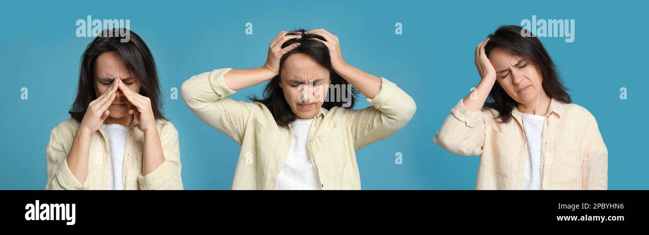 Collage con foto di donna matura che soffre di mal di testa su sfondo azzurro. Design del banner Foto Stock
