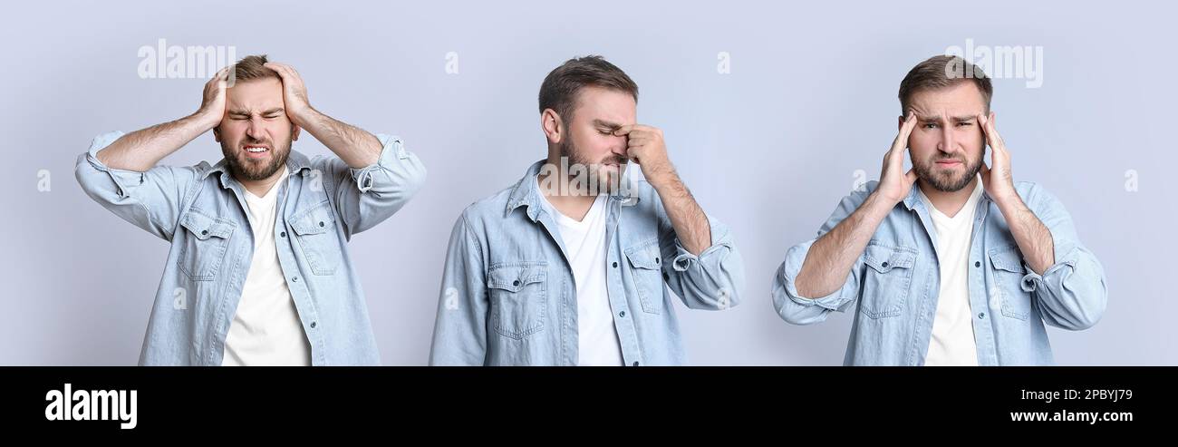 Collage con foto di un giovane che soffre di mal di testa su sfondo grigio chiaro. Design del banner Foto Stock