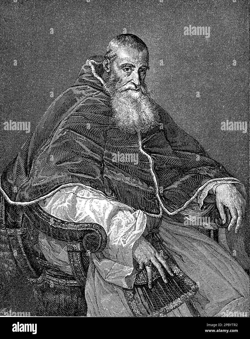 Il ritratto di Papa Paolo III di Tiziano raffigura una figura potente e autorevole, con occhi penetranti, un'espressione severa, e i tradizionali paramenti papali. Le sue forti caratteristiche sono accentuate da un uso drammatico della luce e dell'ombra, sottolineando la sua posizione di leader della Chiesa cattolica in un periodo di grandi turbolenze politiche e religiose. Foto Stock