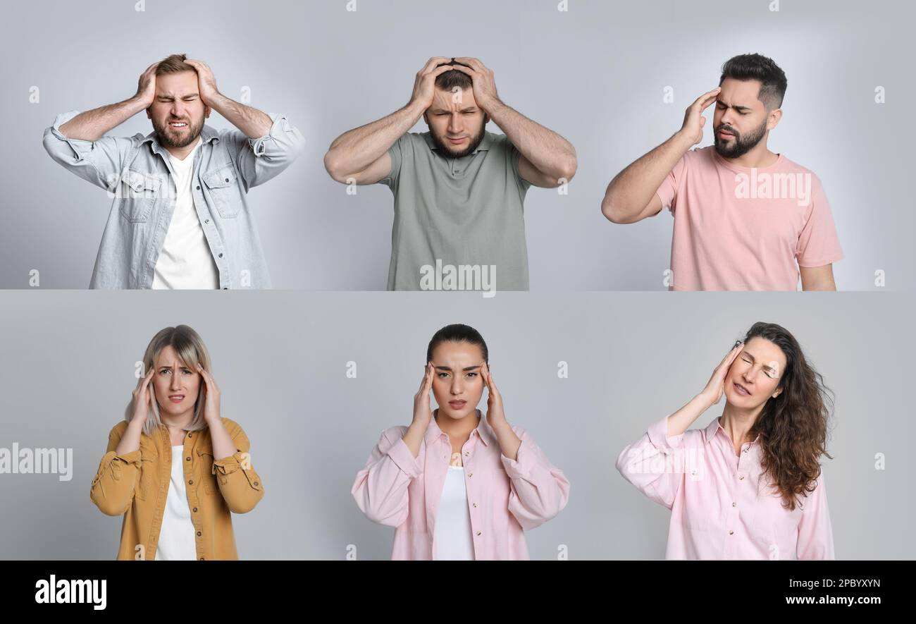 Collage con foto di persone che soffrono di mal di testa su sfondo grigio chiaro. Design del banner Foto Stock