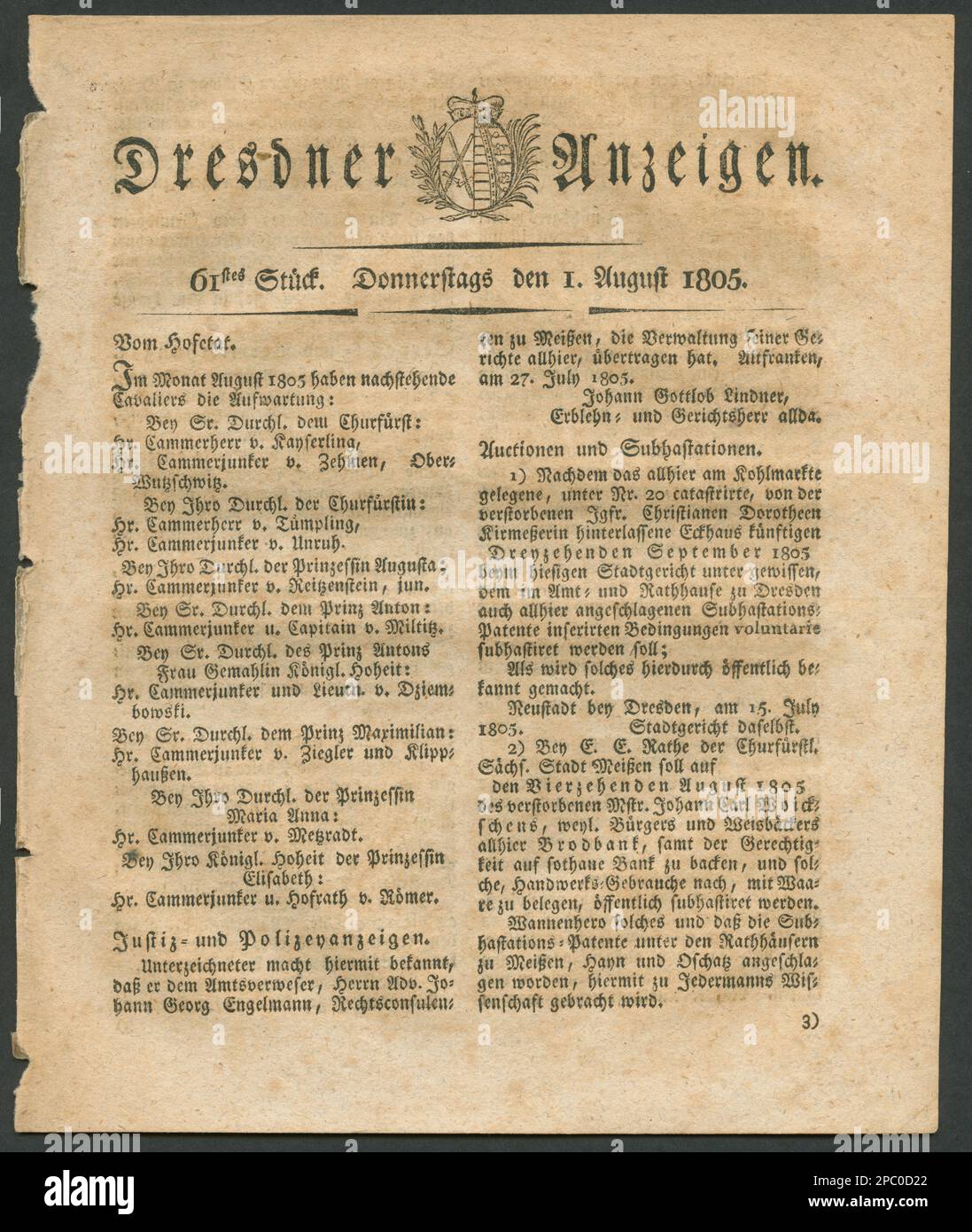 Europa, Deutschland, Sachsen, Dresden, historische Zeitung : ' Dresdner Anzeigen ', vom 1. Agosto 1805. / Europa, Germania, Sassonia, Dresda, giornale storico ' Dresdner Anzeigen ', pubblicato nel 1. 8. 1805. Foto Stock