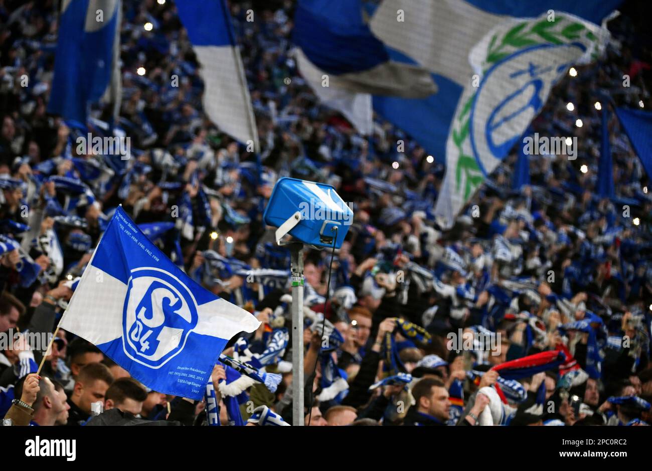 Bundesliga, Veltins Arena, FC Schalke 04 contro Borussia Dortmund; Schalke sostenitore Foto Stock