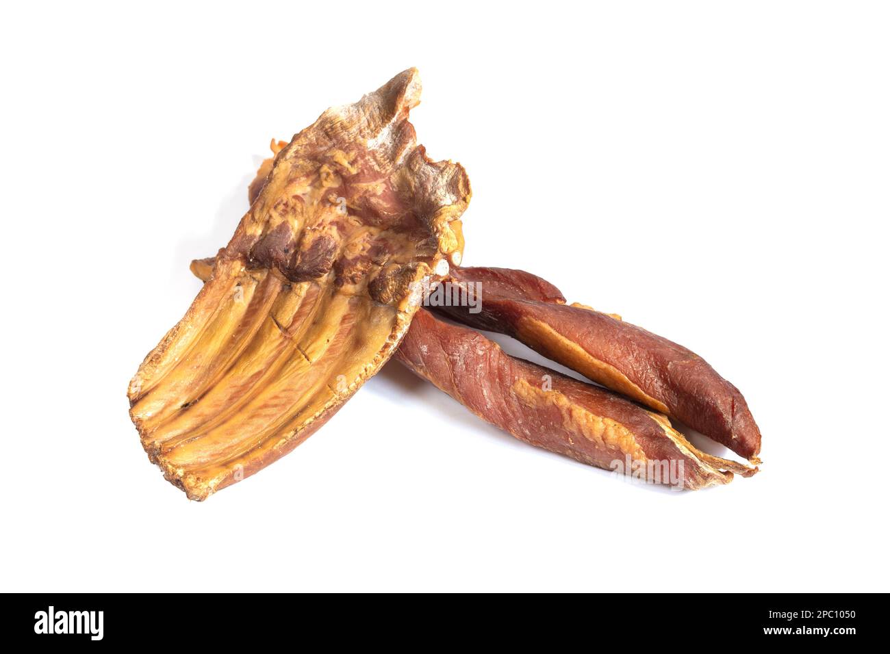 Carne di maiale secca isolata su fondo bianco Foto Stock