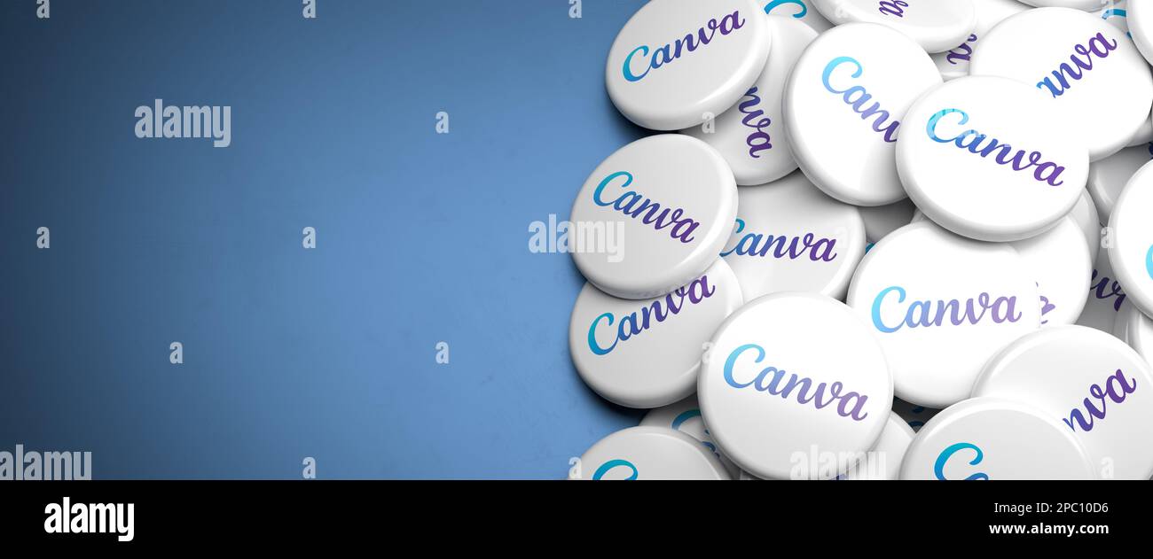 Logos di Canva la piattaforma di grafica per la grafica e le presentazioni dei social media su un heap su un tavolo. Spazio di copia. Formato banner Web. Foto Stock