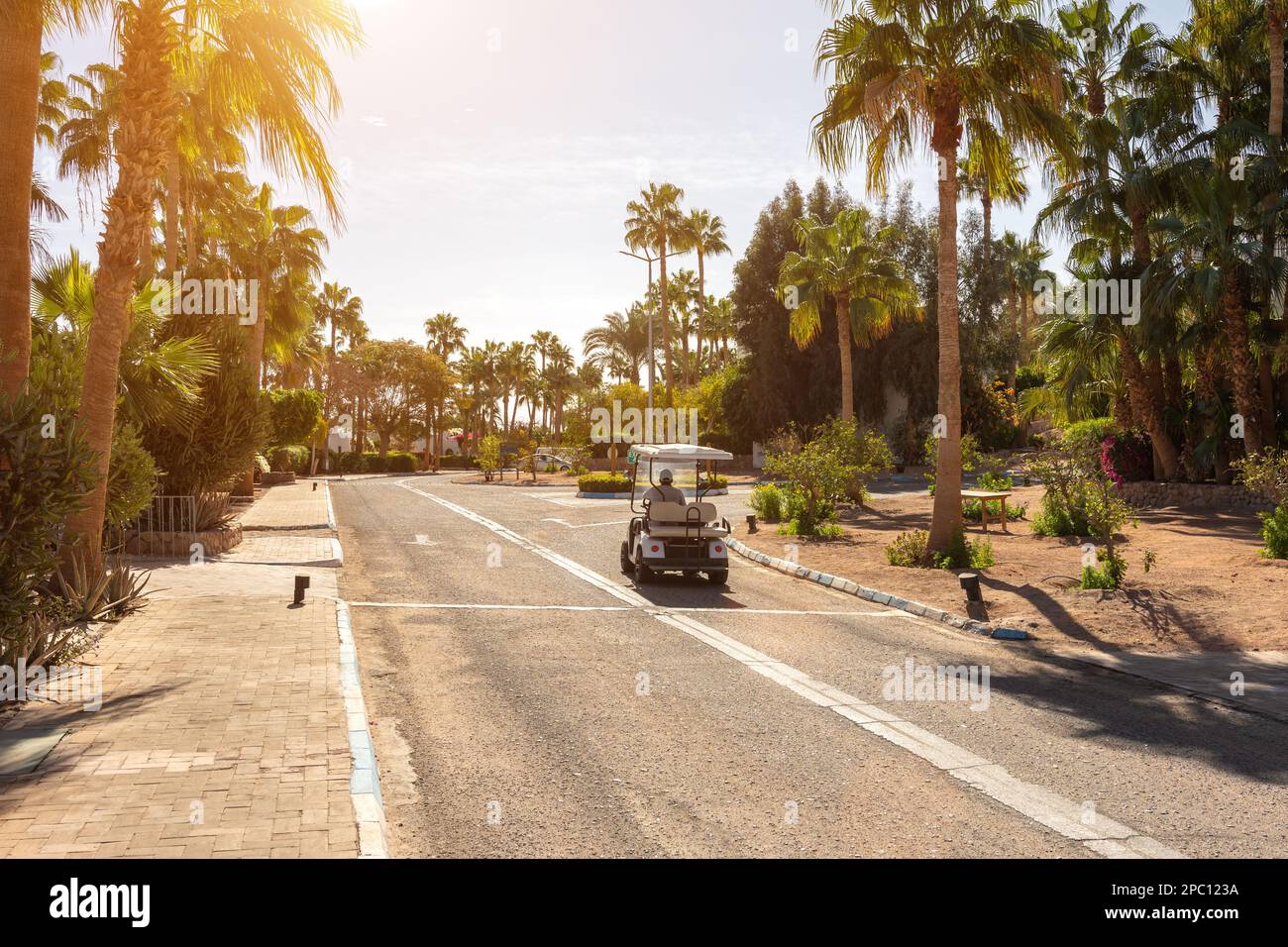 Un uomo guida una piccola auto elettrica nelle giornate di sole. Foto Stock