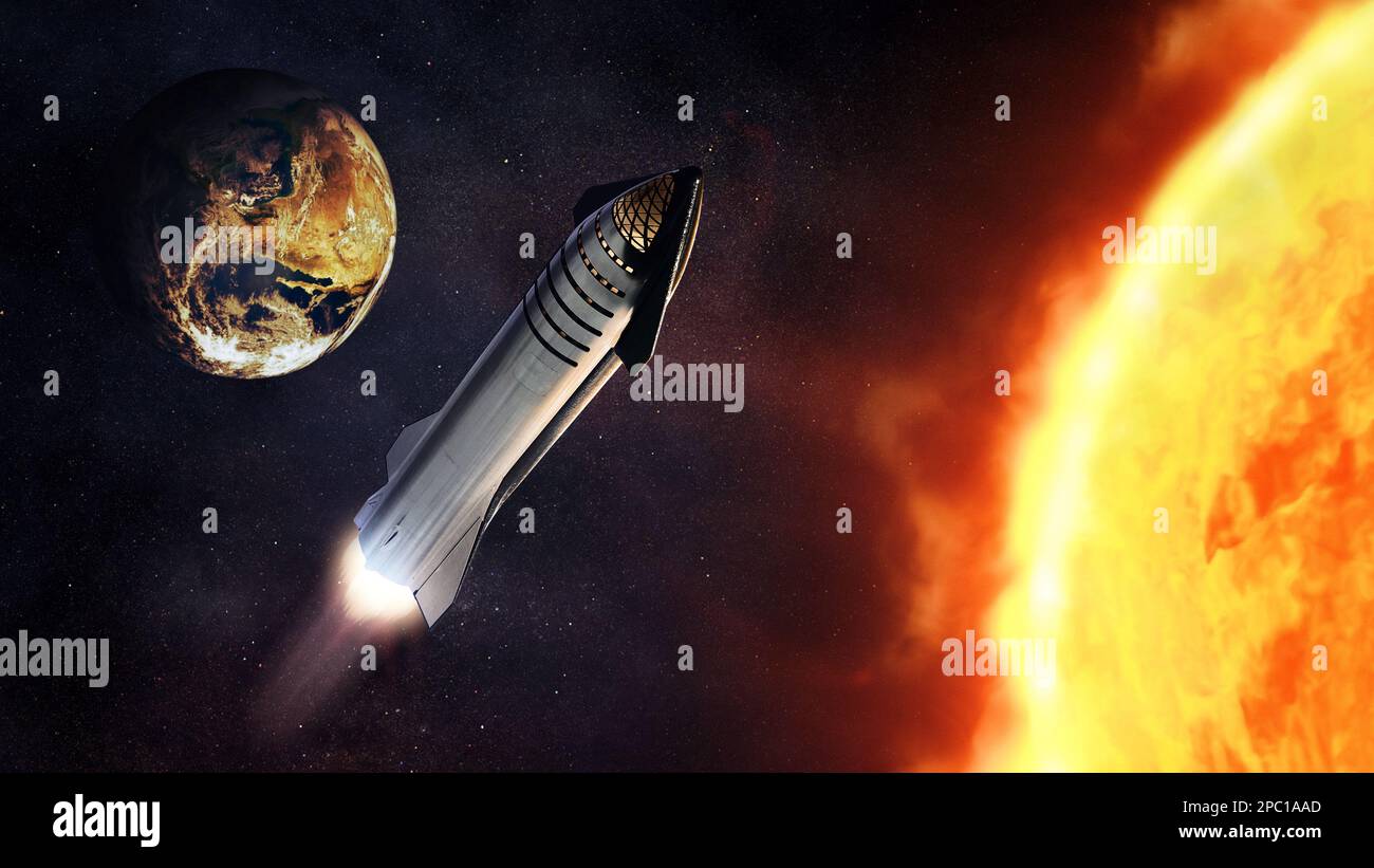 Heavy Starship decollo missione accanto al Sole. Elementi di questa immagine forniti dalla NASA. Foto Stock