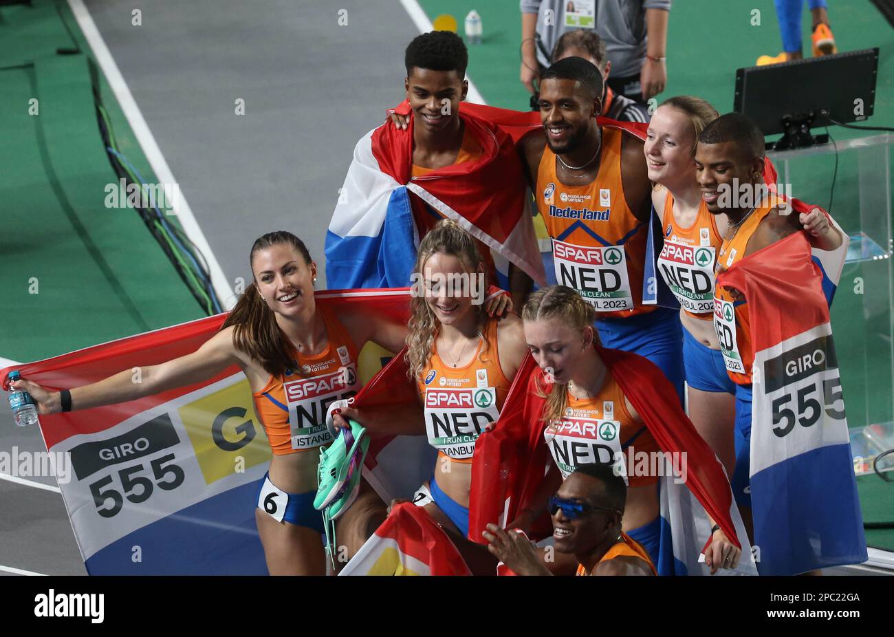 BOERS Isayah, KLEIN IKKINK Isaya, ANGELA Ramsey, BONEVACIA Liemarvin, KLAVER Lieke, SAALBERG Eveline, PEETERS Cathelijn and BOL Femke OF NETHERLANDS 4 x 400m Relay Women Final durante i Campionati europei di atletica indoor 2023 il 5 marzo 2023 all'Atakoy Arena di Istanbul, Turchia - Foto Laurent Lairys / DPPI Foto Stock