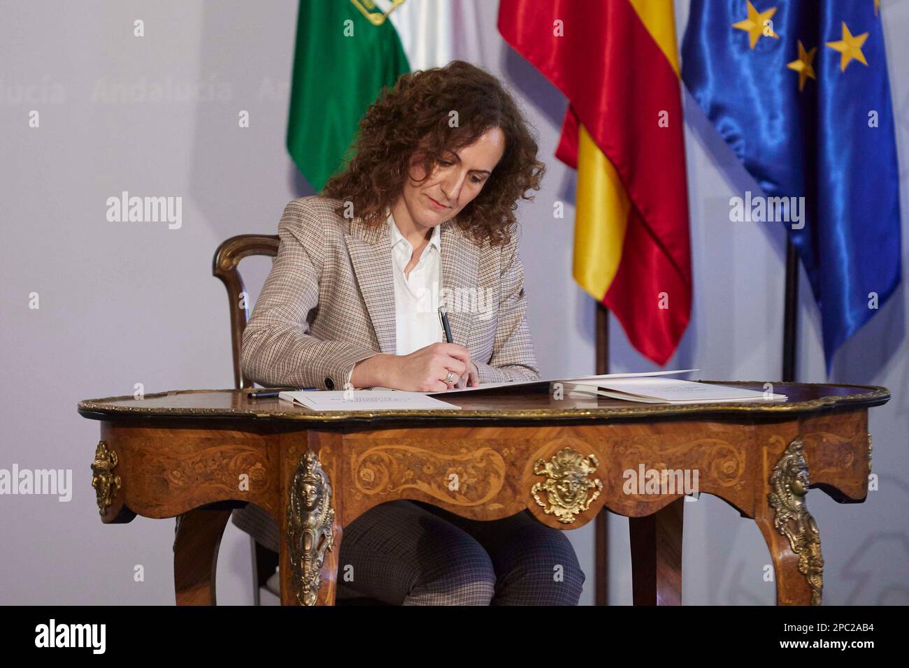 The general secretary of CCOO-A, Nuria Lopez, during the signing of the Social and Economic Pact for the Promotion of Andalusia in the Palace of San Telmo, on March 13, 2023 in Seville (Andalusia, Spain). The President of the Junta de Andalucía, Juanma Moreno, today signed the Social and Economic Pact for the Promotion of Andalusia with CCOO, UGT and CEA. 13 MARCH 2023 Joaquin Corchero / Europa Press 03/13/2023 (Europa Press via AP) Foto Stock
