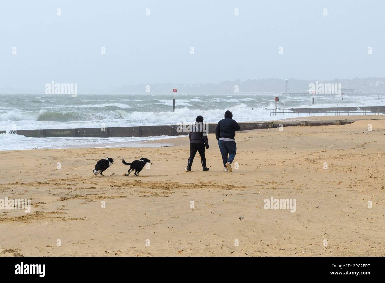 Boscombe, Bournemouth, Dorset, Regno Unito, 13th marzo 2023, Meteo. Forte vento e condizioni tempestose sul lungomare al mattino. Persone che camminano con un cane sulla spiaggia. Credit: Paul Biggins/Alamy Live News Foto Stock