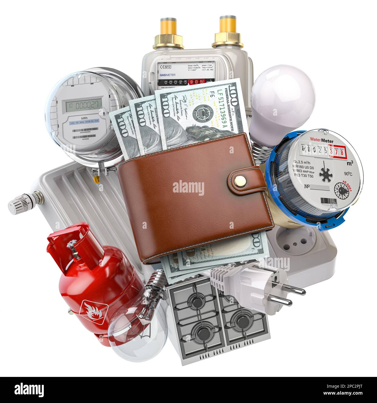 Concetto dei costi delle utenze. Portafoglio con dollari e elettrodomestici che consumano energia. illustrazione 3d Foto Stock