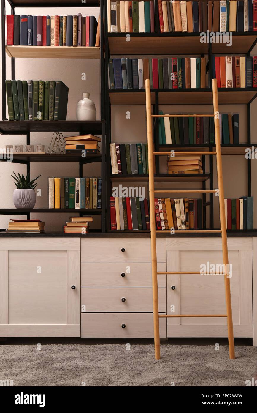 Interno biblioteca con scala in legno e raccolta di libri su scaffali Foto Stock