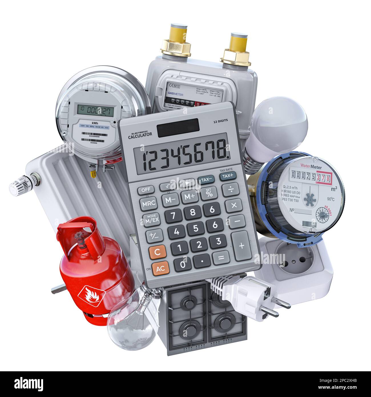 Concetto dei costi delle utenze. Calcolatrice snd elettrodomestici che consumano energia. illustrazione 3d Foto Stock