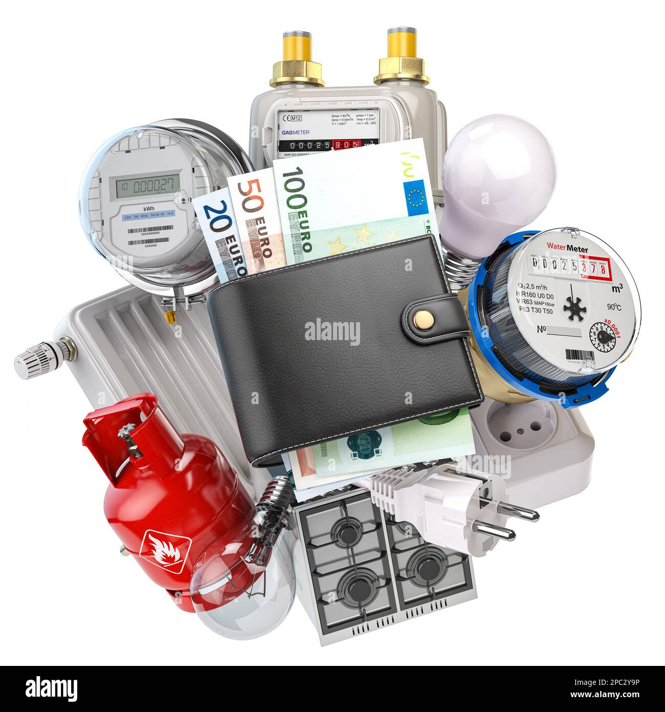 Concetto dei costi delle utenze. Portafoglio con euro e elettrodomestici che consumano energia. illustrazione 3d Foto Stock