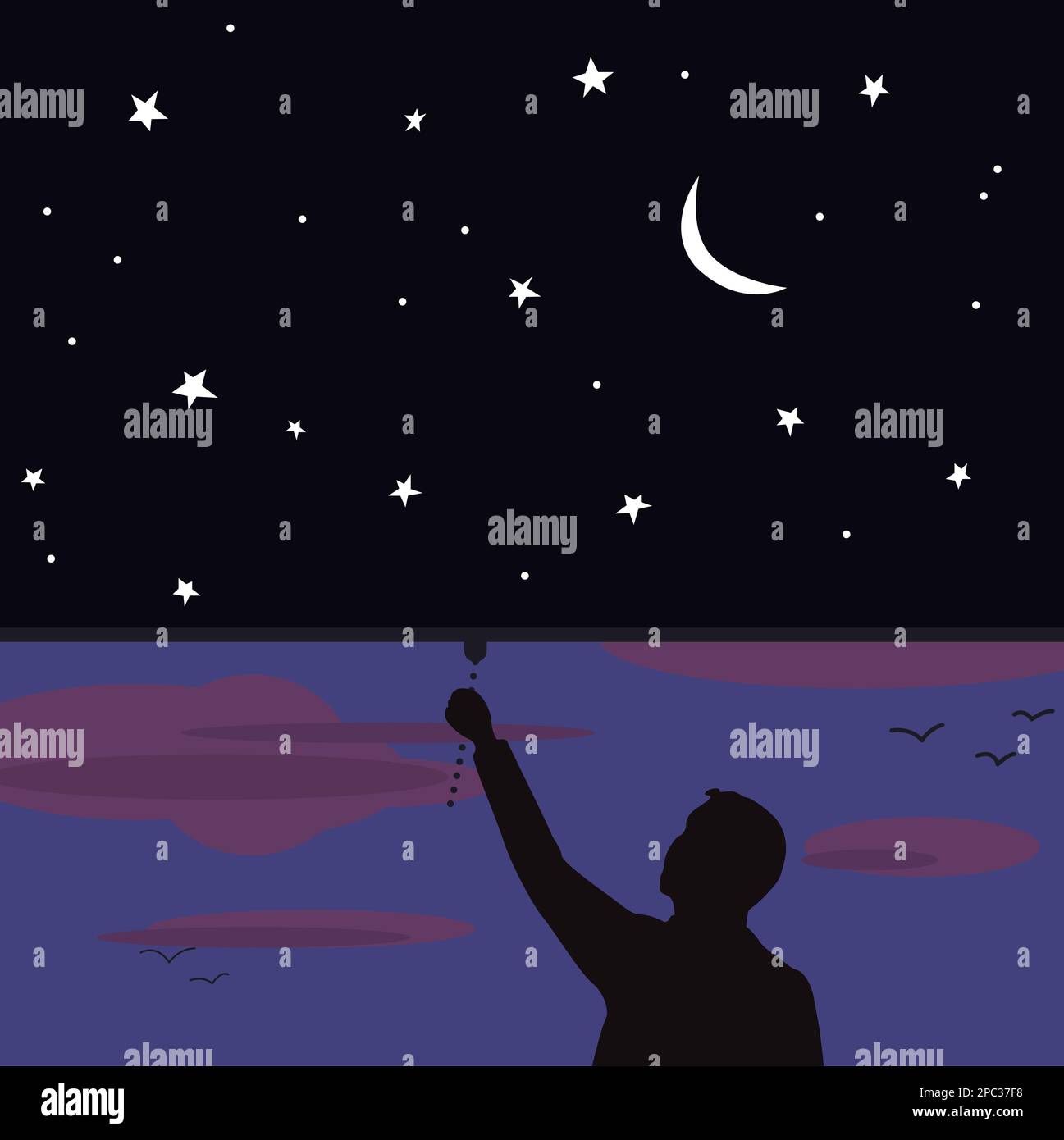 Illustrazione cartoon mano disegno persona che chiude il sipario di notte tramonto mezzaluna luna stelle che si chiude come un sipario su cieli nuvolosi buona notte Foto Stock