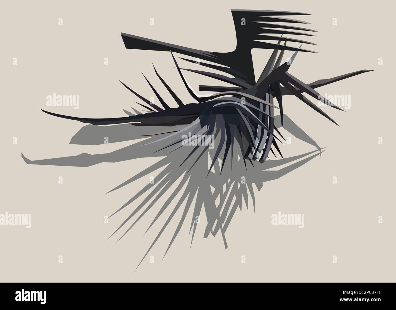 Murale decorativo poster carta da parati di un astratto surreale illustrazione di un antico drago spaventoso-come uccello-ish creatura nera sfondo beige ombra Foto Stock