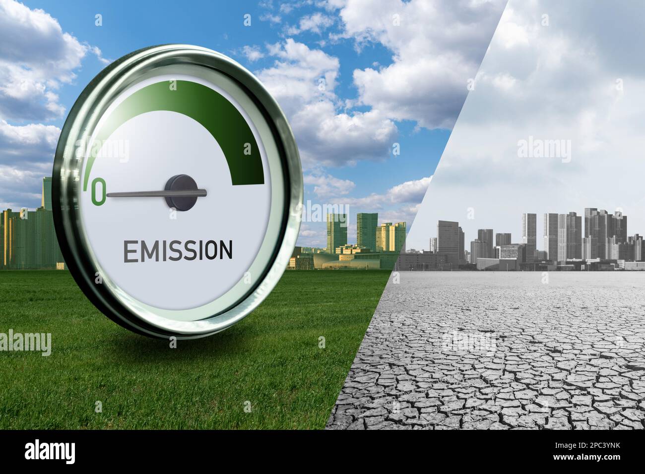 Indicatore con EMISSIONE scritta. La freccia punta a zero. Concetto di energia verde. Foto Stock