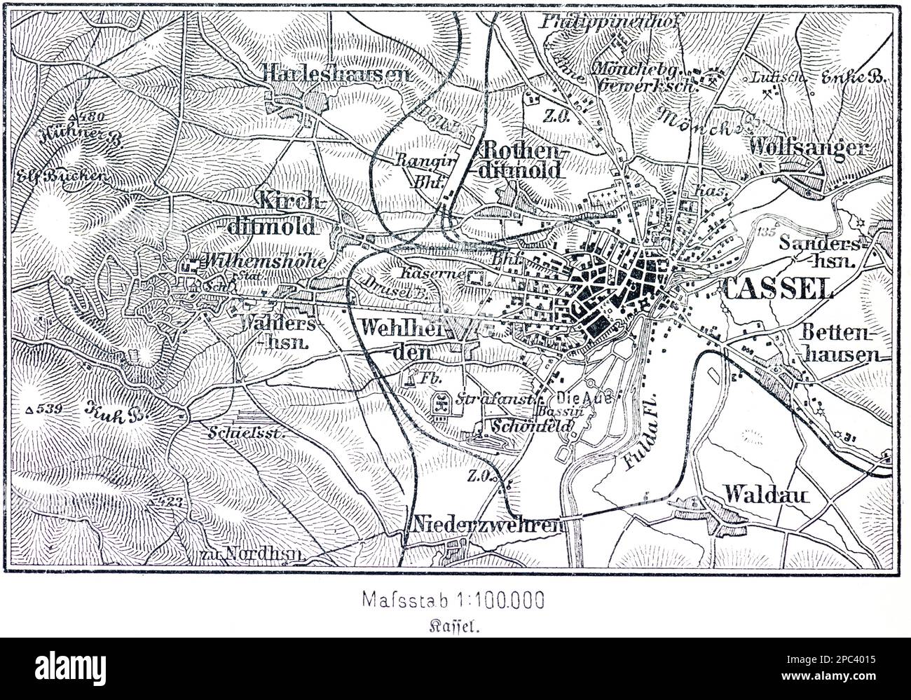 Mappa della città di cassel sulla Fulda e dintorni, Cassel, Assia, Germania, Europa centrale Foto Stock