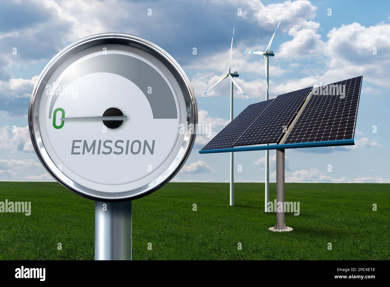 Indicatore con EMISSIONE scritta. La freccia punta a zero. Concetto di energia verde. Foto Stock