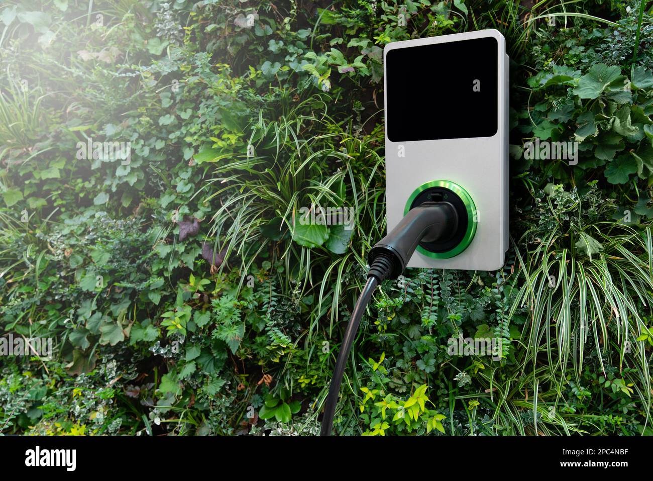 Stazione di ricarica per auto elettriche su una parete verde degli impianti Foto Stock