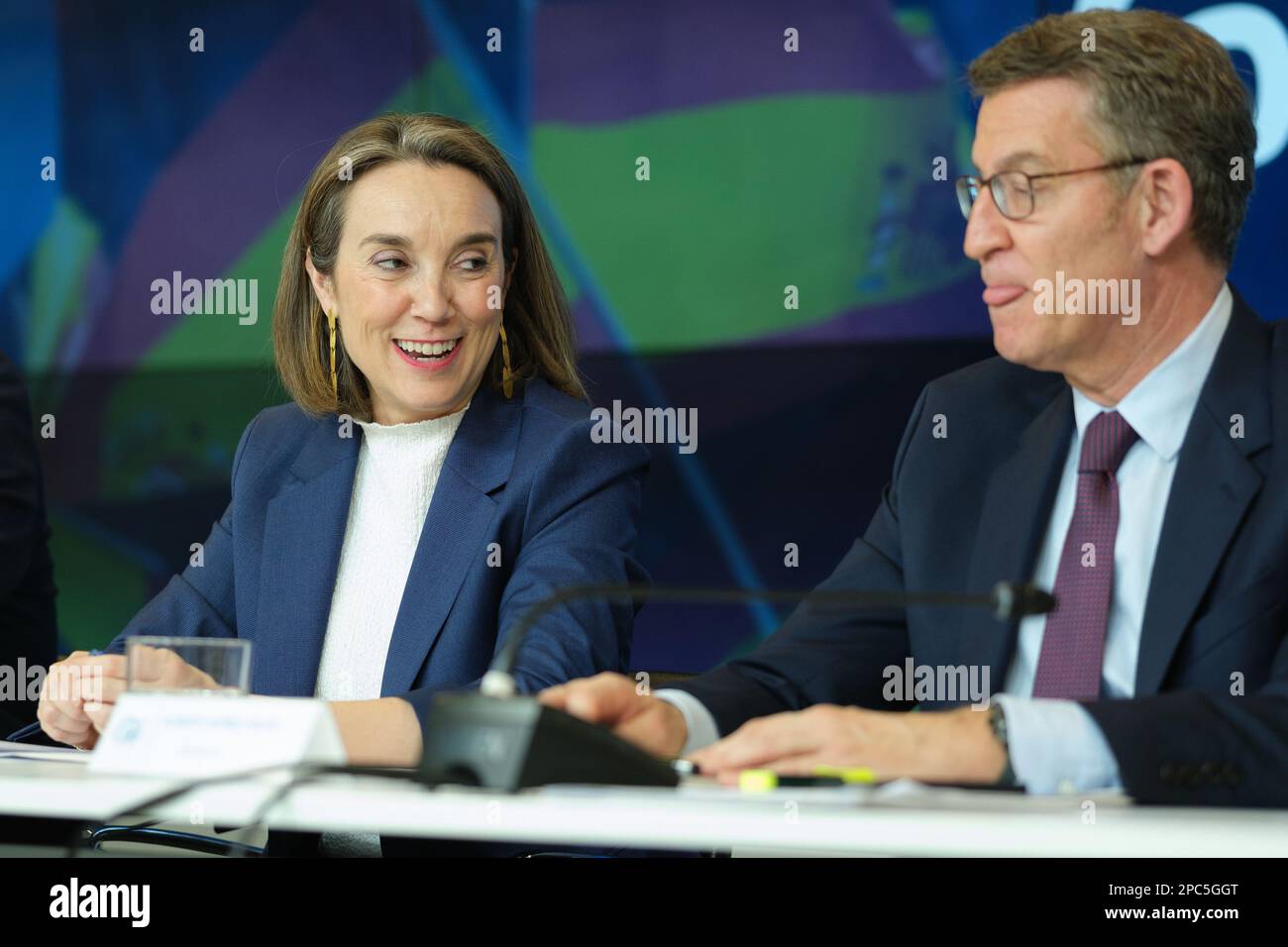 La portavoce del PP al Congresso, Cuca Gamarra; e il presidente del Partito popolare, Alberto Nuñez Feijoo, partecipano alla riunione del Comitato Esecutivo Nazionale, presso la sede nazionale del PP a Madrid. Feijoo ha proposto la nomina al Comitato Esecutivo Nazionale di Carmen Funez come nuovo Vice Segretario delle politiche sociali e della sfida demografica del partito, che creerà due nuovi Vice Segretari: Della Cultura e della Società aperta, che saranno occupati da Borja Semper; E di Studi, diretto da Carmen Navarro. Questa espansione si svolge alla vigilia della prossima regio Foto Stock