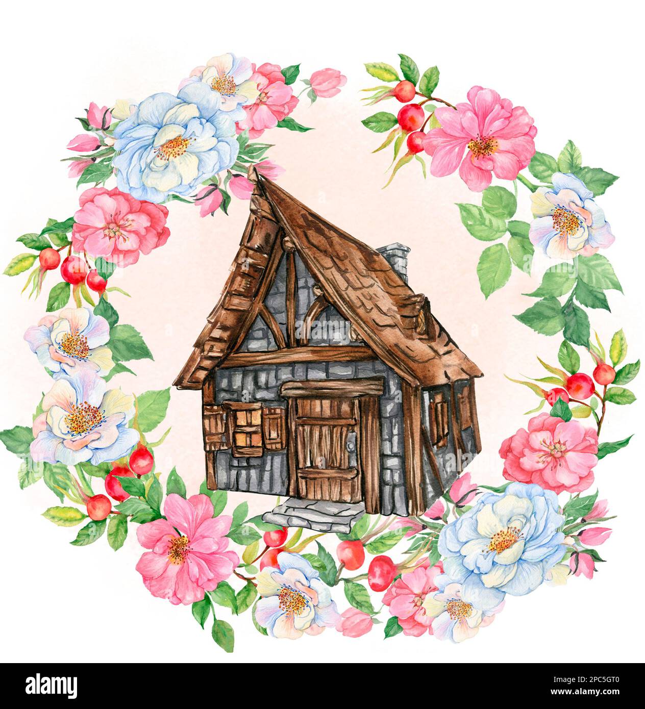 Acquerello composizione di una vecchia fattoria in legno e cornice floreale. Illustrazione disegnata a mano con acquerello su sfondo bianco. Perfetto Foto Stock