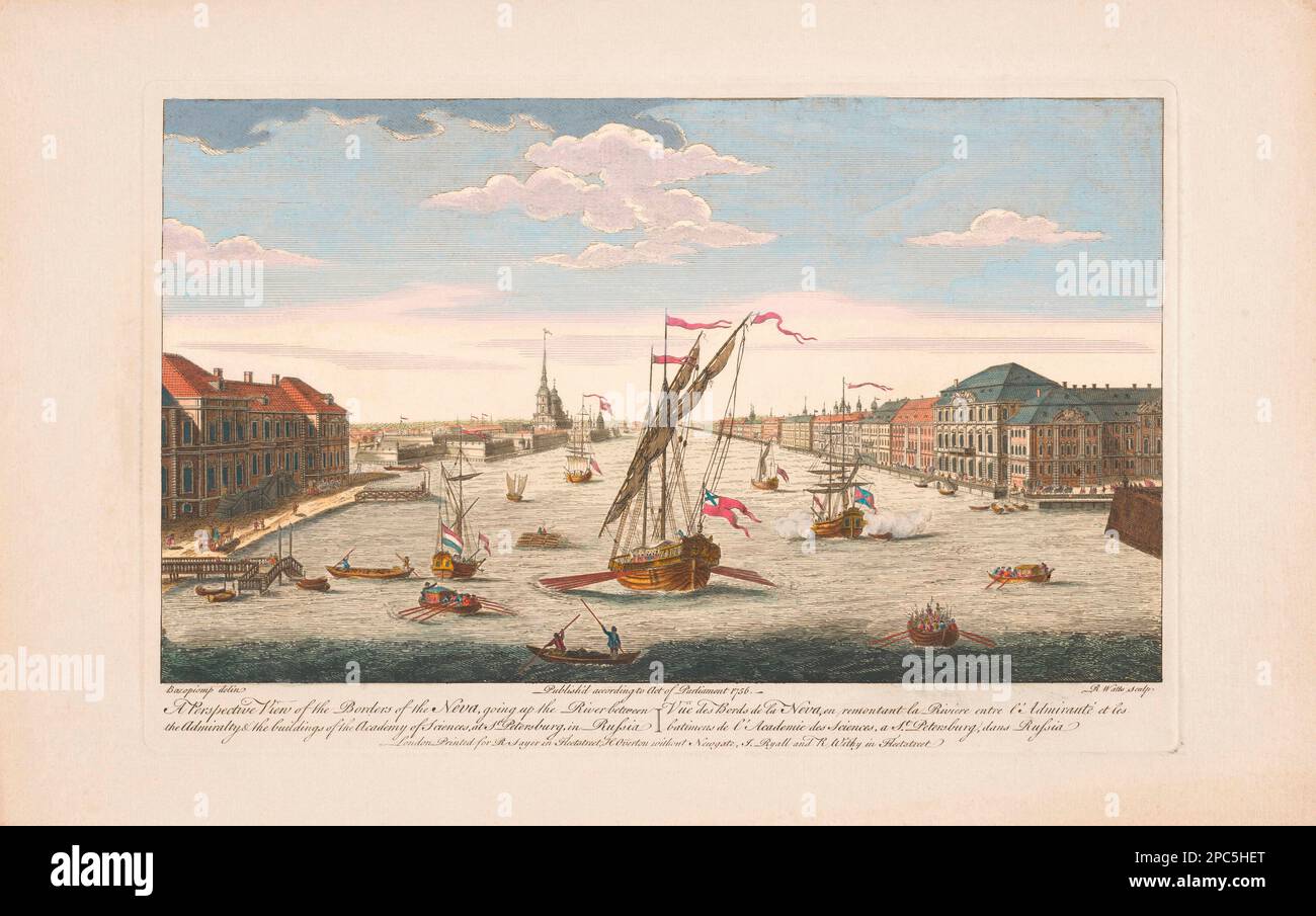 Vista del fiume Neva a San Pietroburgo, Russia, 1756. Dopo una stampa di Watts da un disegno di Bazopiomp. Successiva colorizzazione. Foto Stock