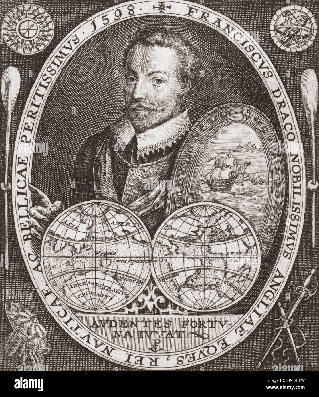 Sir Francis Drake, 1540 – 1596, capitano inglese, privato, navigatore, slaver, e politico. Circumnavigò il globo in un solo viaggio tra il 1577 e il 1580. Dopo un'incisione di Jodocus Hondius. Foto Stock