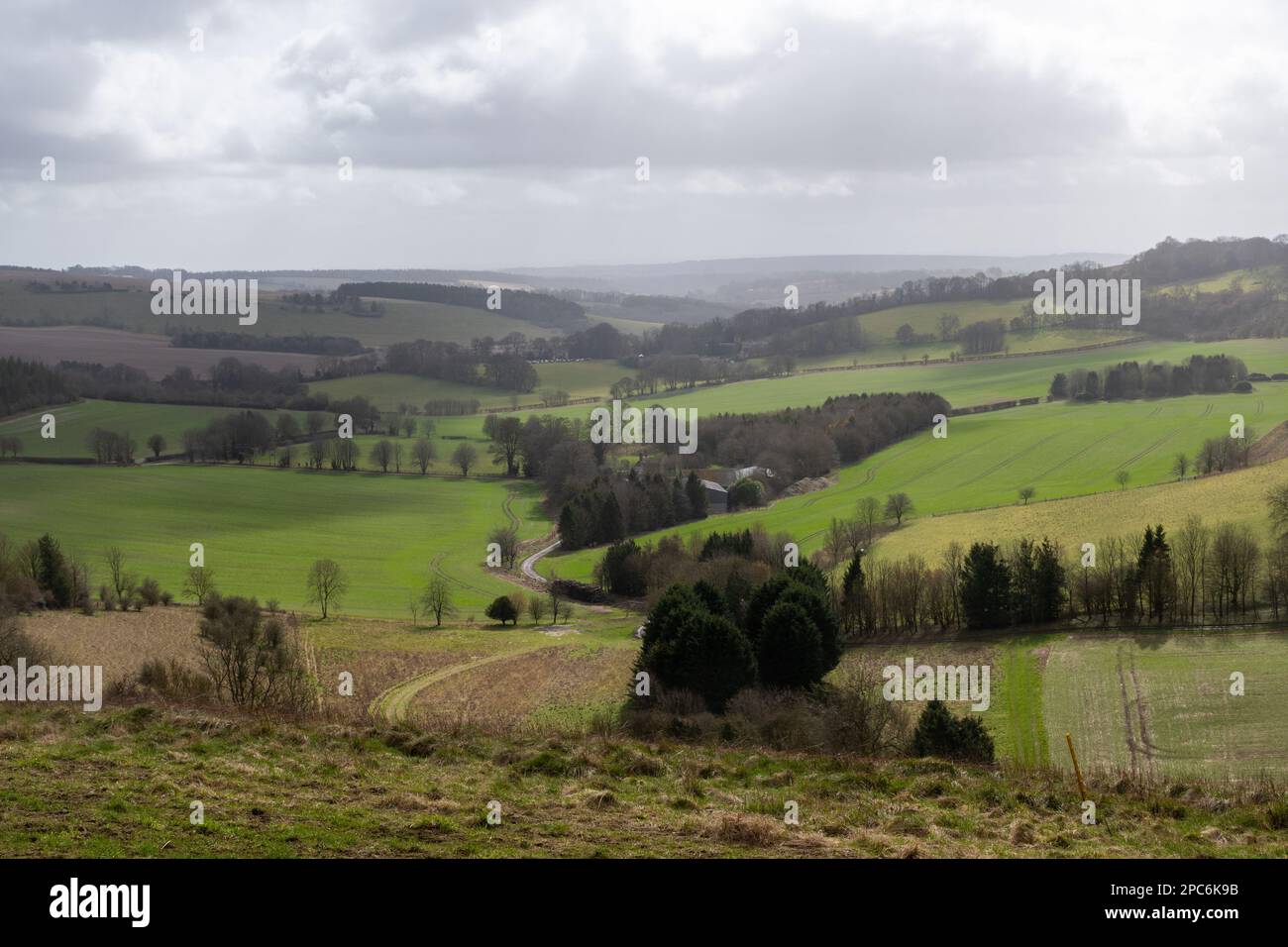 Vista del paesaggio AONB North Wessex Downs nel Berkshire occidentale da Combe Gibbet, Inghilterra, Regno Unito Foto Stock