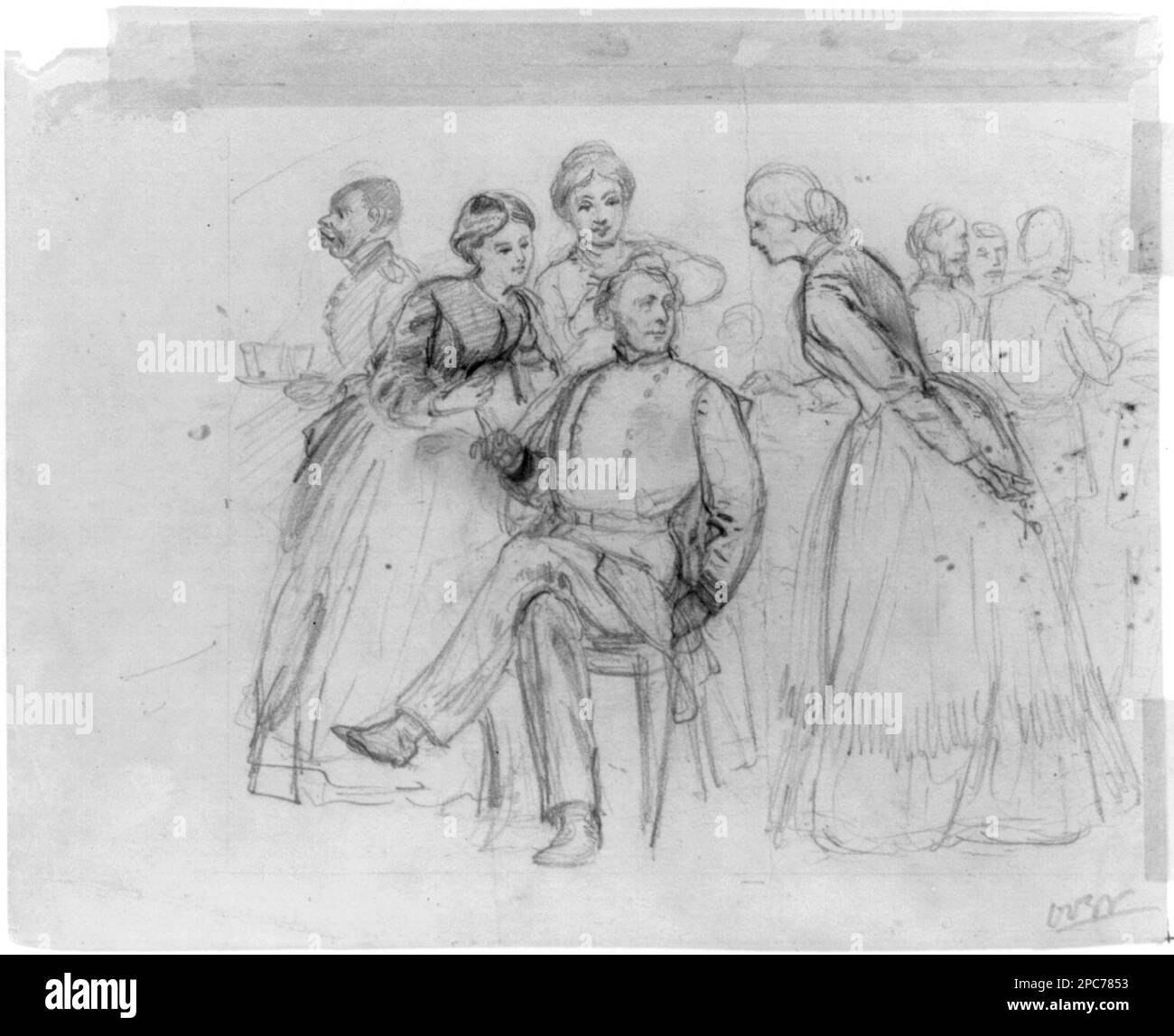 Due donne che tagliano i capelli di un uomo. Morgan collezione di disegni della Guerra civile. Donne, 1860-1870, afroamericani, 1860-1870, ufficiali militari, Union, 1860-1870, Stati Uniti, Storia, Guerra civile, 1861-1865, vita militare, Unione, Stati Uniti Foto Stock