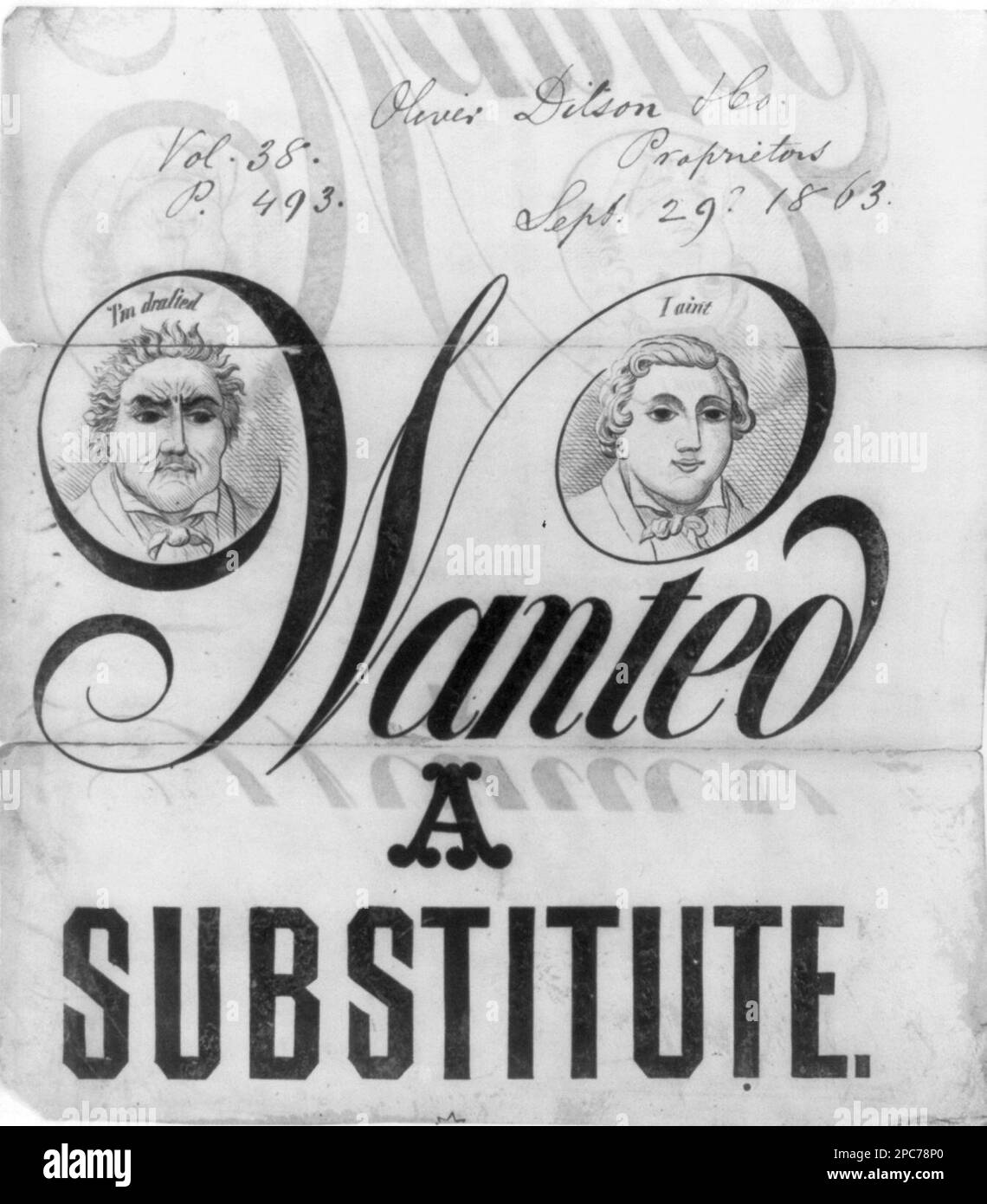 Voleva un sostituto. Boston. Protetto da copyright di Oliver Ditson & Co, The Library's Impression of the Cover è stato depositato per il copyright il 29 settembre 1863, Title appare come è scritto sull'articolo, Title from item, esposto: 'The Civil War in America' alla Library of Congress, Washington, D.C, 2013, pubblicato in: Stampe politiche americane, 1766-1876 / Bernard F. Reilly. Boston : G.K. Hall, 1991, ingresso 1863-13. Stati Uniti, esercito, reclutamento, arruolamento, ecc, Civil War, 1861-1865, Draft (servizio militare), 1860-1870, Stati Uniti, Storia, Guerra civile, 1861-1865, Recruiting & Enlistment. Foto Stock