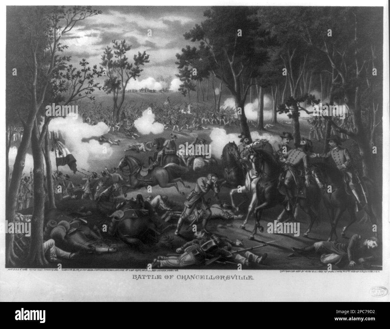 Battaglia di Chancellorsville. V4516 STATI UNITI Copyright Office, titolo dall'articolo, didascalia continua: 2, 3 e 4 maggio 1863. Perdita dell'Unione (genere Hooker): Ucciso & WO. 12.197, sig.ra g.. 5000. Perdita confederata (Gen. Lee) KD. E WO. 10.277, mg. 2753. Gen. Jackson Mort. WD, protetto da copyright 1889 di Kurz & Allison, Art Publishers, 76 & 78 Wabash Ave, Chicago, U.S.A, timbro del copyright, datato febbraio 5 1890, e numero visualizzato nell'angolo inferiore destro, stampigliato sul margine destro: 2nd copia consegnata alla Art Gallery il 23 1897 ottobre, esposta: '150th° anniversario della guerra civile : Ulisse S. Grant e Robert E. Lee' al Portra Nazionale Foto Stock