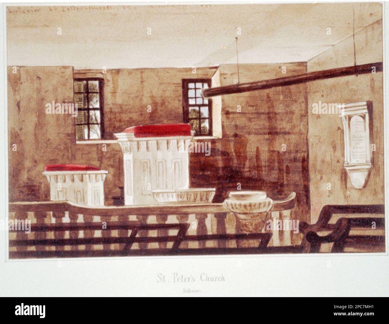 St Interno della Chiesa di Pietro. Inscritto in alto a sinistra: Interno St. Peters Church, va, vedi: DRWG/US - McIlvaine, no 2 (formato AA), regalo; Ladies Mount Vernon Association; 1935; (DLC/PP-1935:19). Chiese, Virginia, 1860-1870, Stati Uniti, Storia, Civil War, 1861-1865, Stati Uniti, Virginia, Casa Bianca Foto Stock