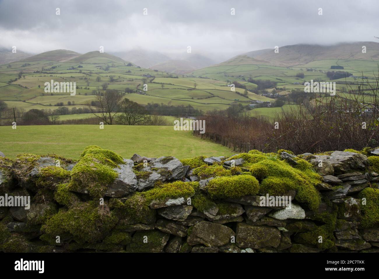 Guardando sopra un muro di pietra a secco coperto di muschio verso caduto con nuvole basse, guardando verso Howgill Fells, Firbank, Cumbria, Inghilterra, Regno Unito Foto Stock